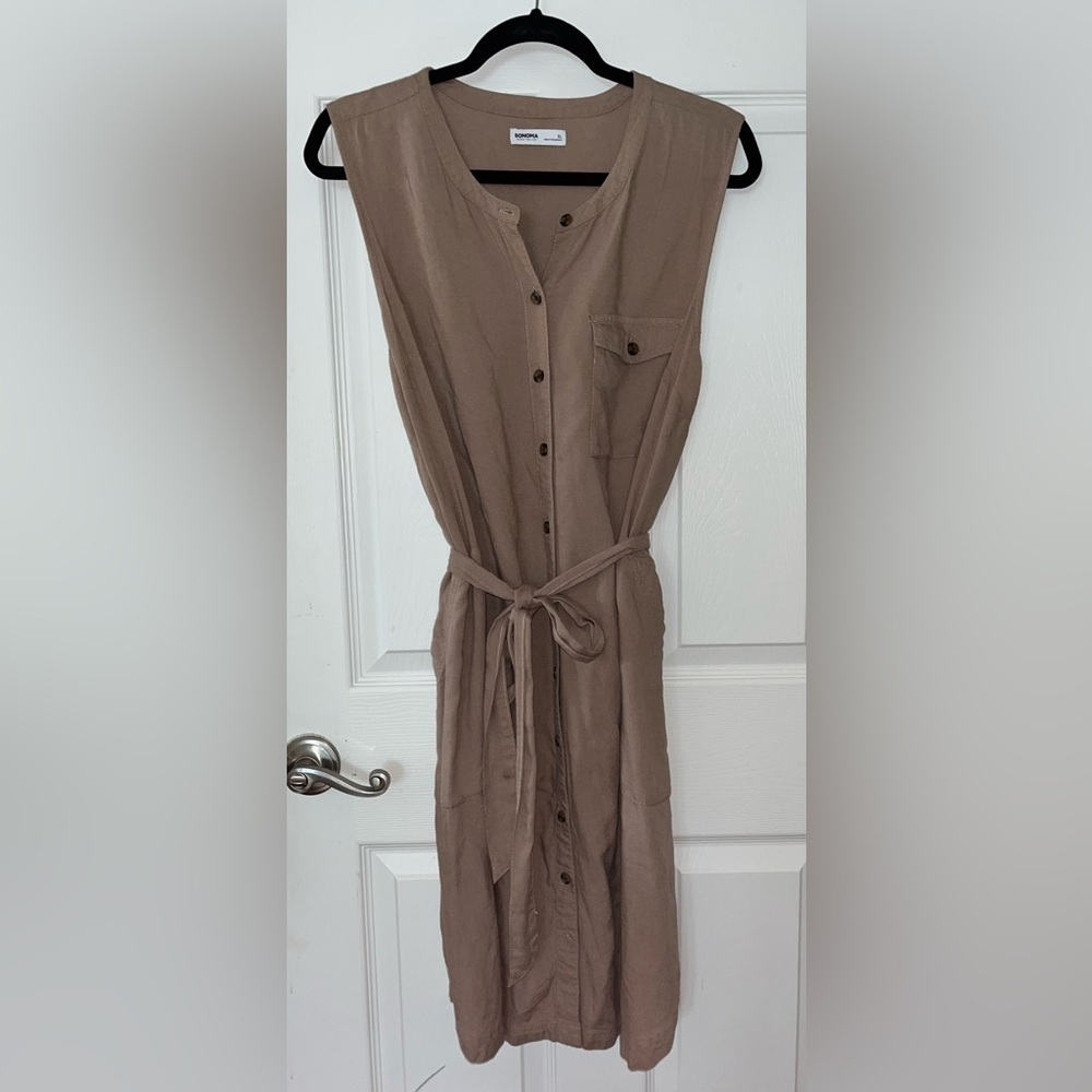 Sonoma Linen Blend Brown Sleeveless Button-Up Dress